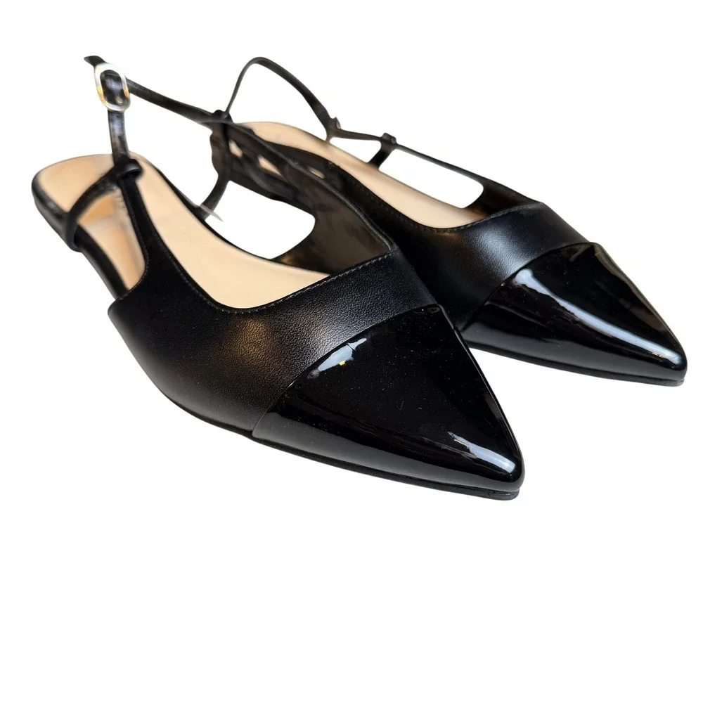 Nine West Women Cap Toe Patent Slingback Flats 7M Black Pointed Toe Classic Chic - Picture 2 of 7